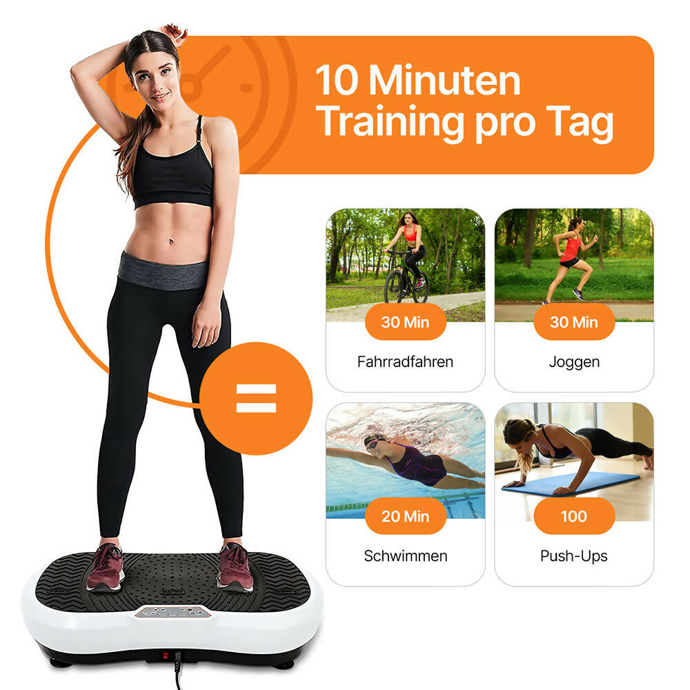 Vibrationsplatte mit 12 Programmen und 99 Intensitätsstufen für effizientes Training / Fitnessplatte inkl. Fernbedienung und 2 Widerstandsbändern / Fett verlieren und Fitnesstraining von Zuhause mit Vibrationsgerät