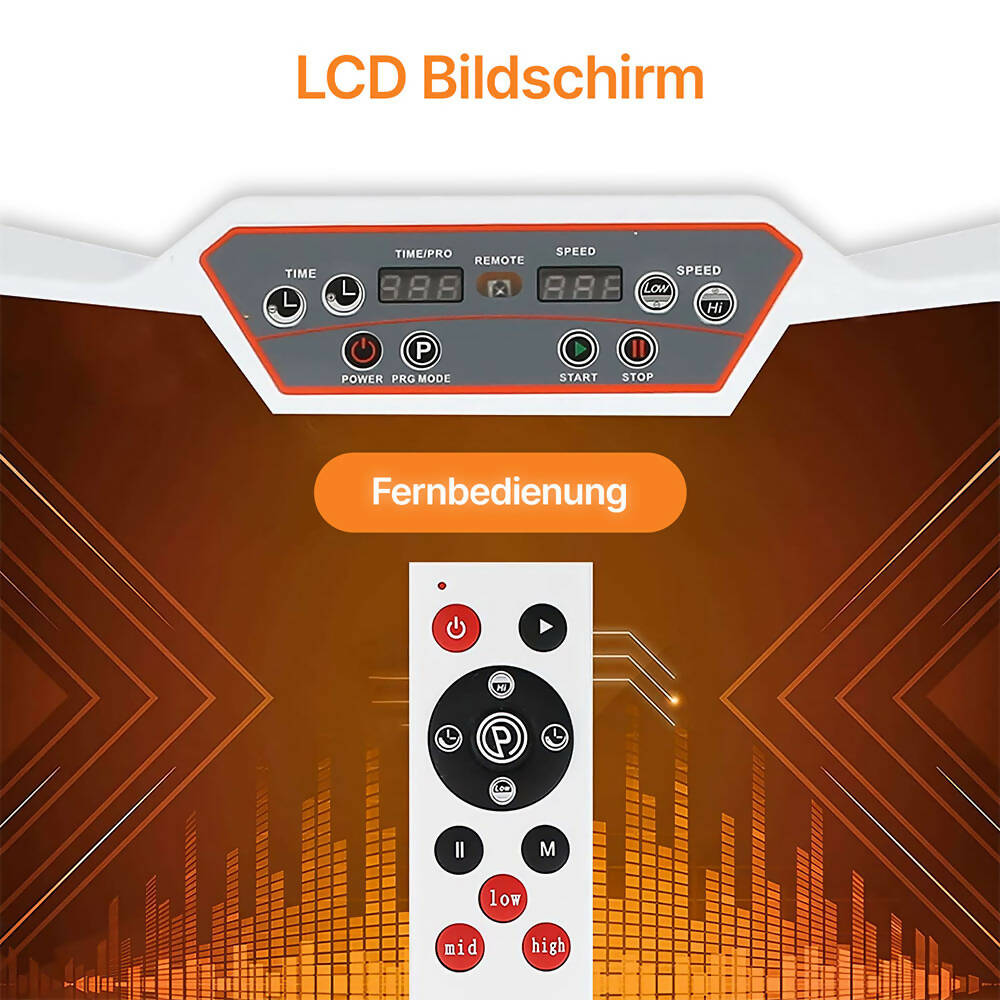 Vibrationsplatte mit 12 Programmen und 99 Intensitätsstufen für effizientes Training / Fitnessplatte inkl. Fernbedienung und 2 Widerstandsbändern / Fett verlieren und Fitnesstraining von Zuhause mit Vibrationsgerät