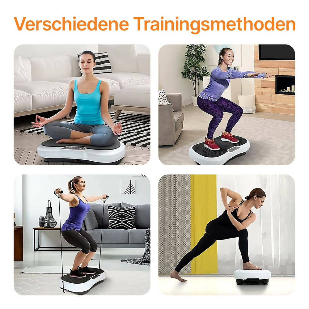Vibrationsplatte mit 12 Programmen und 99 Intensitätsstufen für effizientes Training / Fitnessplatte inkl. Fernbedienung und 2 Widerstandsbändern / Fett verlieren und Fitnesstraining von Zuhause mit Vibrationsgerät