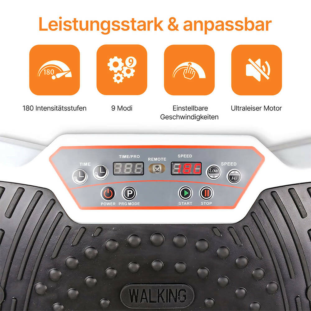 Vibrationsplatte mit 12 Programmen und 99 Intensitätsstufen für effizientes Training / Fitnessplatte inkl. Fernbedienung und 2 Widerstandsbändern / Fett verlieren und Fitnesstraining von Zuhause mit Vibrationsgerät