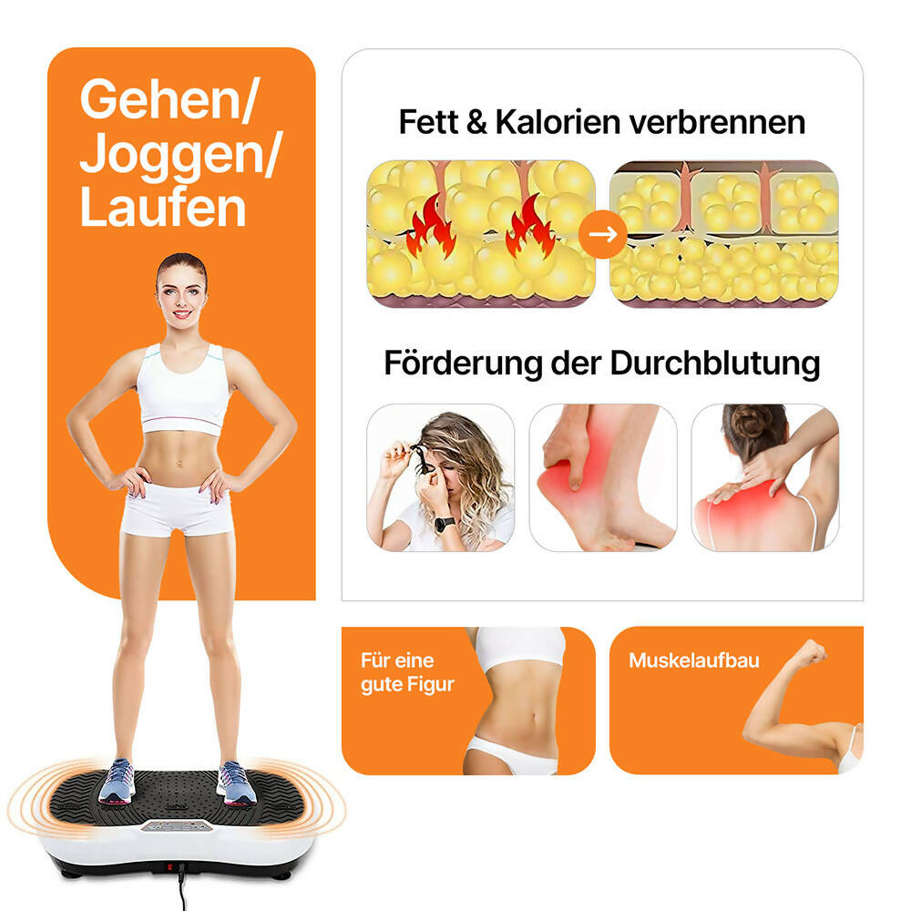 Vibrationsplatte mit 12 Programmen und 99 Intensitätsstufen für effizientes Training / Fitnessplatte inkl. Fernbedienung und 2 Widerstandsbändern / Fett verlieren und Fitnesstraining von Zuhause mit Vibrationsgerät
