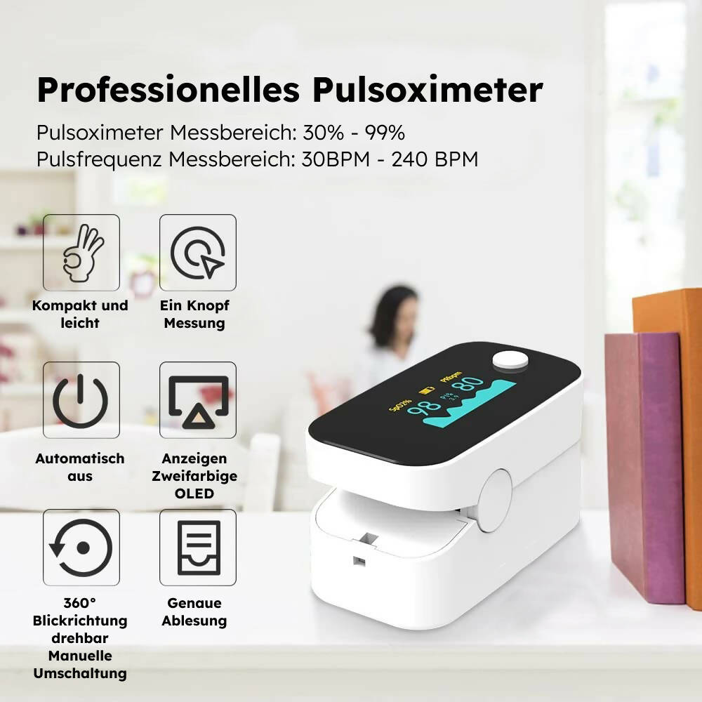 Pulsoximeter / Blutsauerstoffmessgerät / Oximeter für Finger / Mit OLED Anzeige / Professionell und hochgenau / Optimal für Familien, ältere Menschen und Krankenhäuser