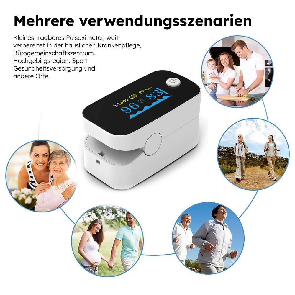 Pulsoximeter / Blutsauerstoffmessgerät / Oximeter für Finger / Mit OLED Anzeige / Professionell und hochgenau / Optimal für Familien, ältere Menschen und Krankenhäuser