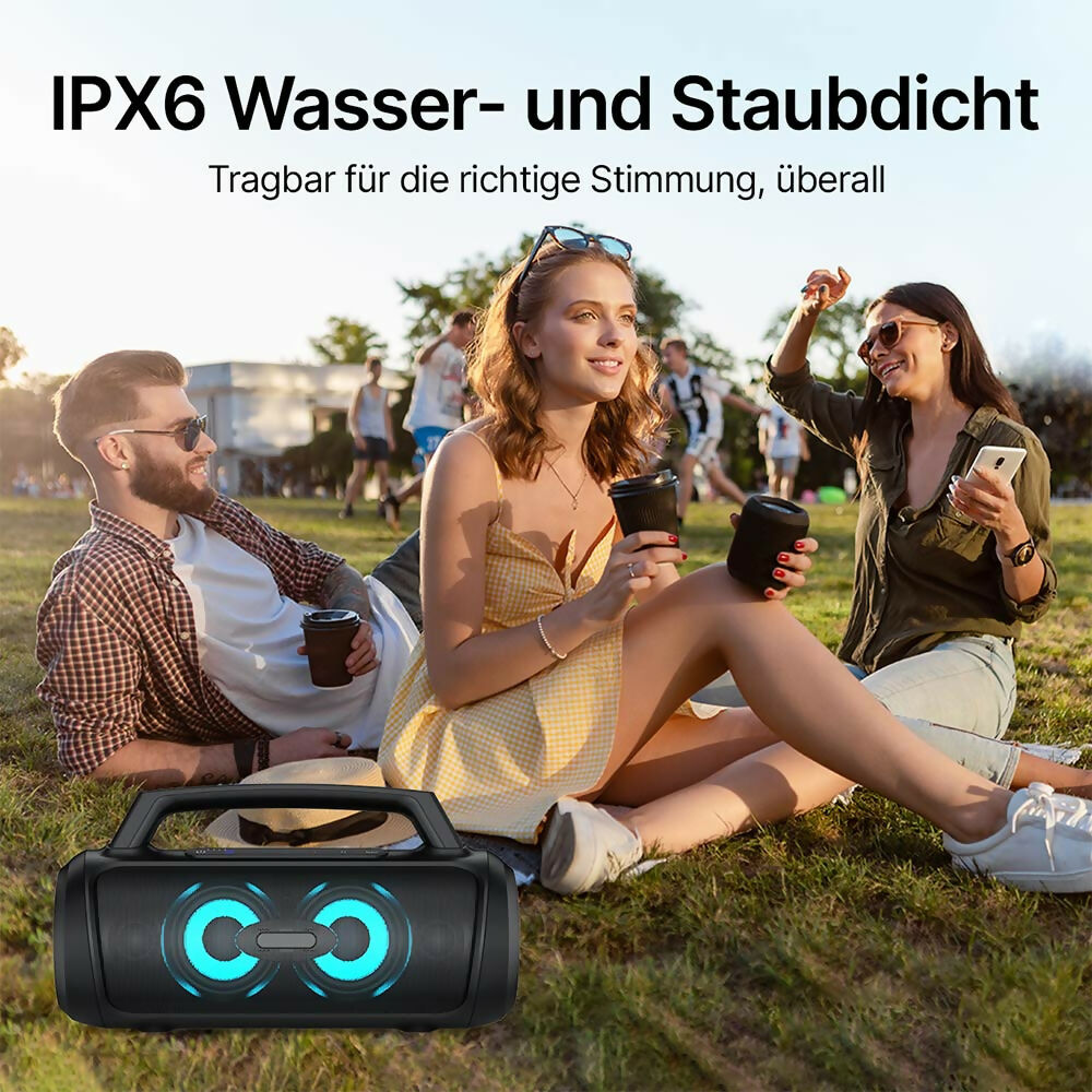 Bluetooth Lautsprecher Pro mit spürbaren Bass / 60W Stereo-Sound / Wasserdicht / Outdoor mit LED-Licht / Bluetooth 5.3 / Für Outdoor Party