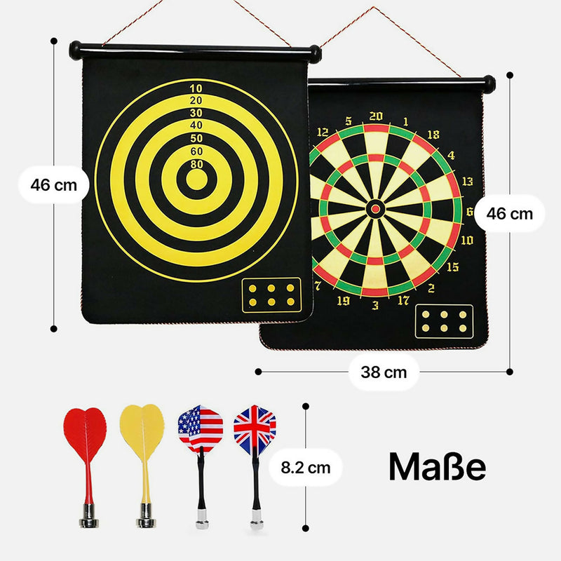 Magnetische Dartscheibe mit Rollfunktion / Sicher für Kinder und Erwachsene / Doppelseitiges Spiel / Inklusive 12 Darts