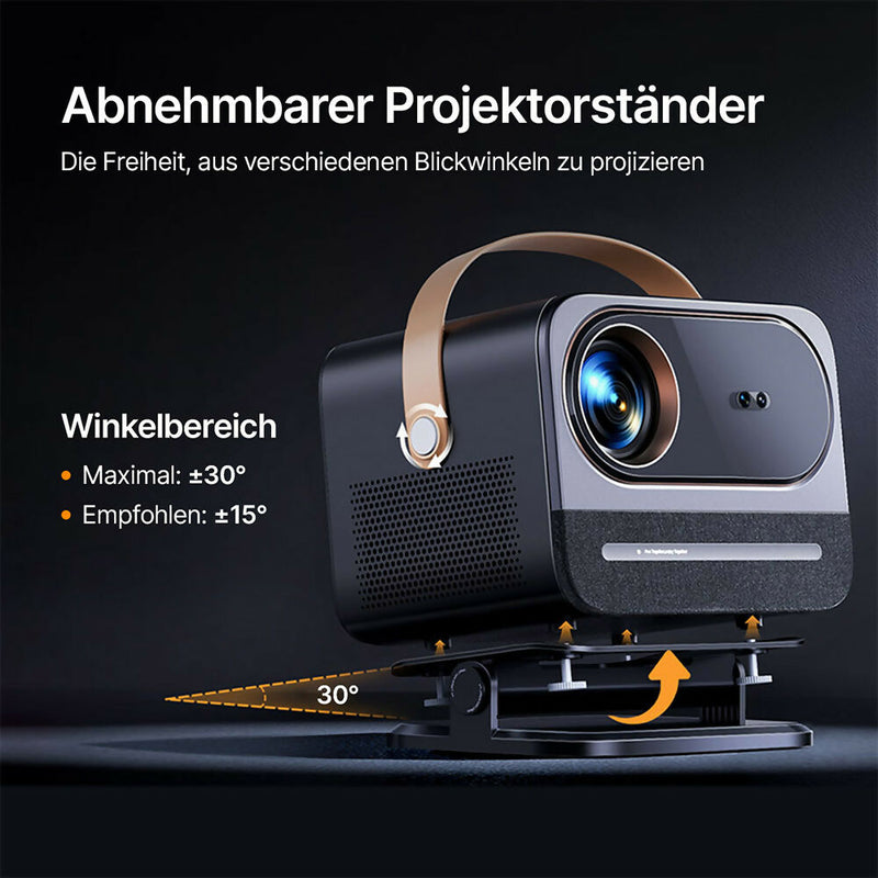 Beamer mit Autofokus und WiFi 6 / 4K 1080P Auflösung / für Outdoor und Indoor / Dolby 360-Grad-Sound / abnehmbarer Ständer