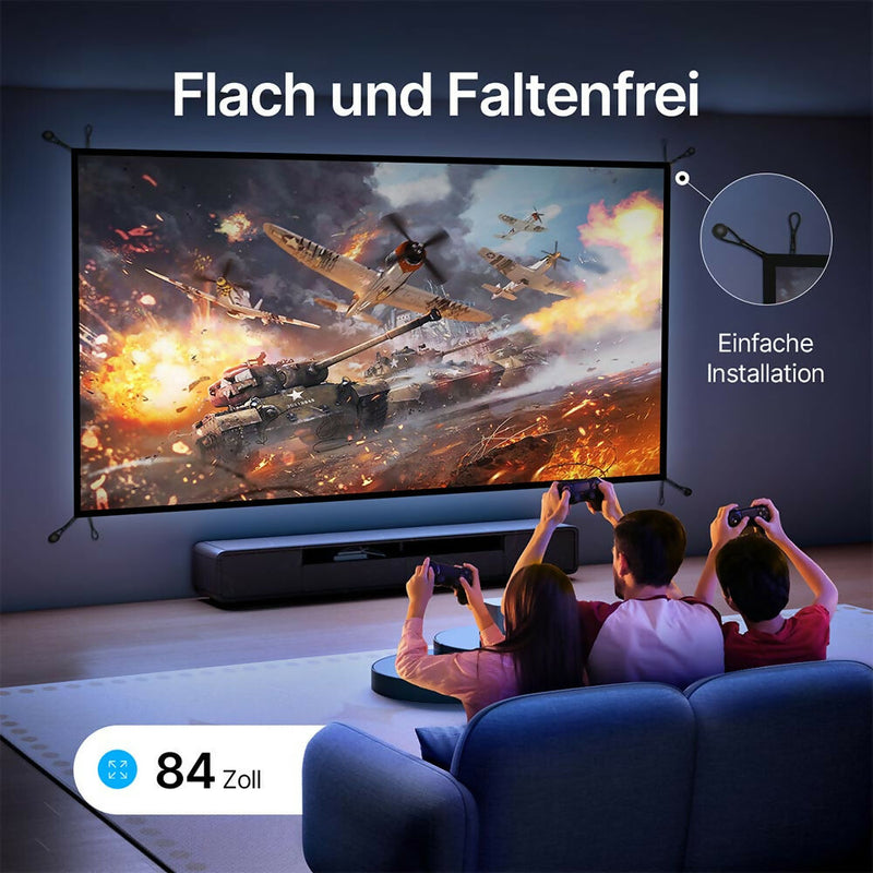 Premium Projektionsleinwand für scharfe Bilder / 84 Zoll Großformat / 16:9 Breitbildformat / 170° Sichtfeld / Faltenresistent & Installationsfreundlich