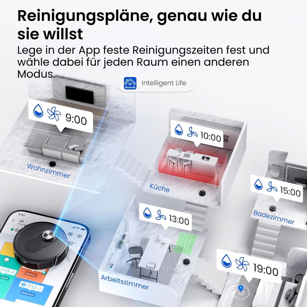 Saugroboter Q8 mit Wischfunktion, 6.000Pa Saugkraft, 200min Akkulaufzeit & Laser Navigation mit 5 Karten / für Böden, Teppiche & Tierhaare