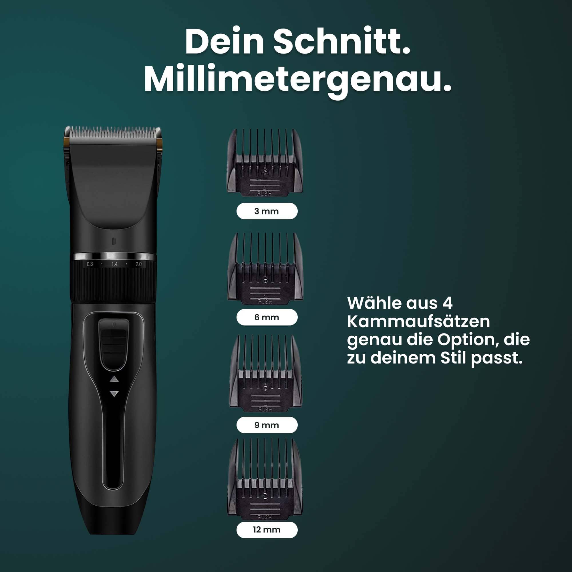Haarschneidemaschine mit Barttrimmer: 60 min. Akkulaufzeit, inkl. 4 Aufsätze und selbstschärfende Titan-Klinge