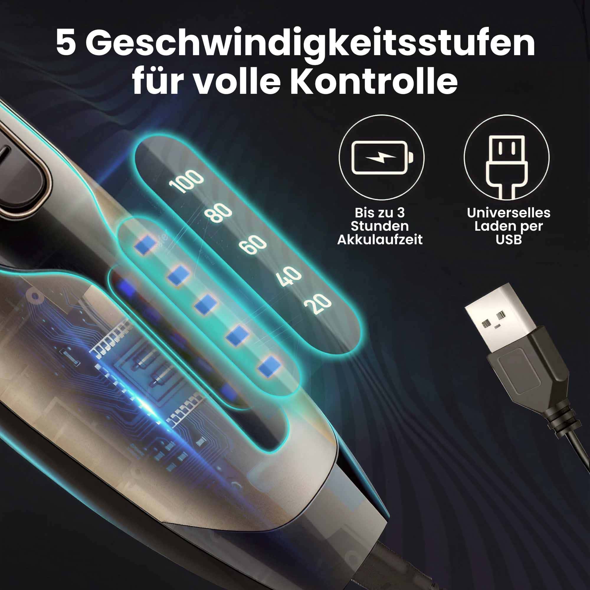 Haarschneidemaschine mit Barttrimmer: 60 min. Akkulaufzeit, inkl. 4 Aufsätze und selbstschärfende Titan-Klinge