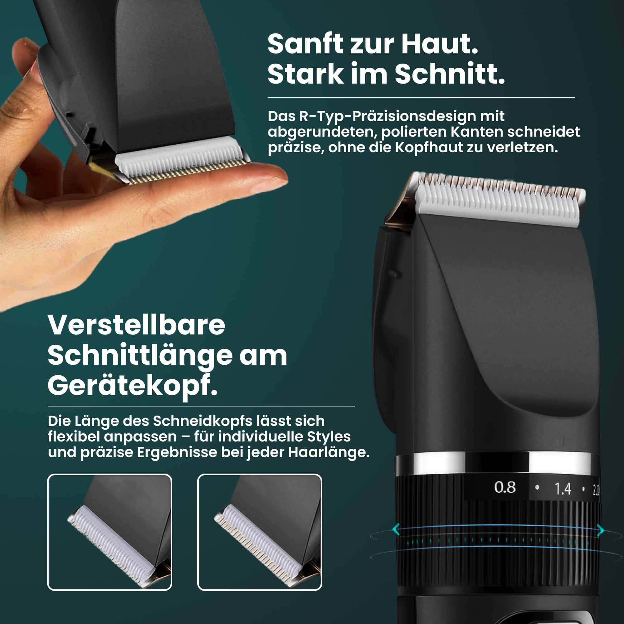 Haarschneidemaschine mit Barttrimmer: 60 min. Akkulaufzeit, inkl. 4 Aufsätze und selbstschärfende Titan-Klinge