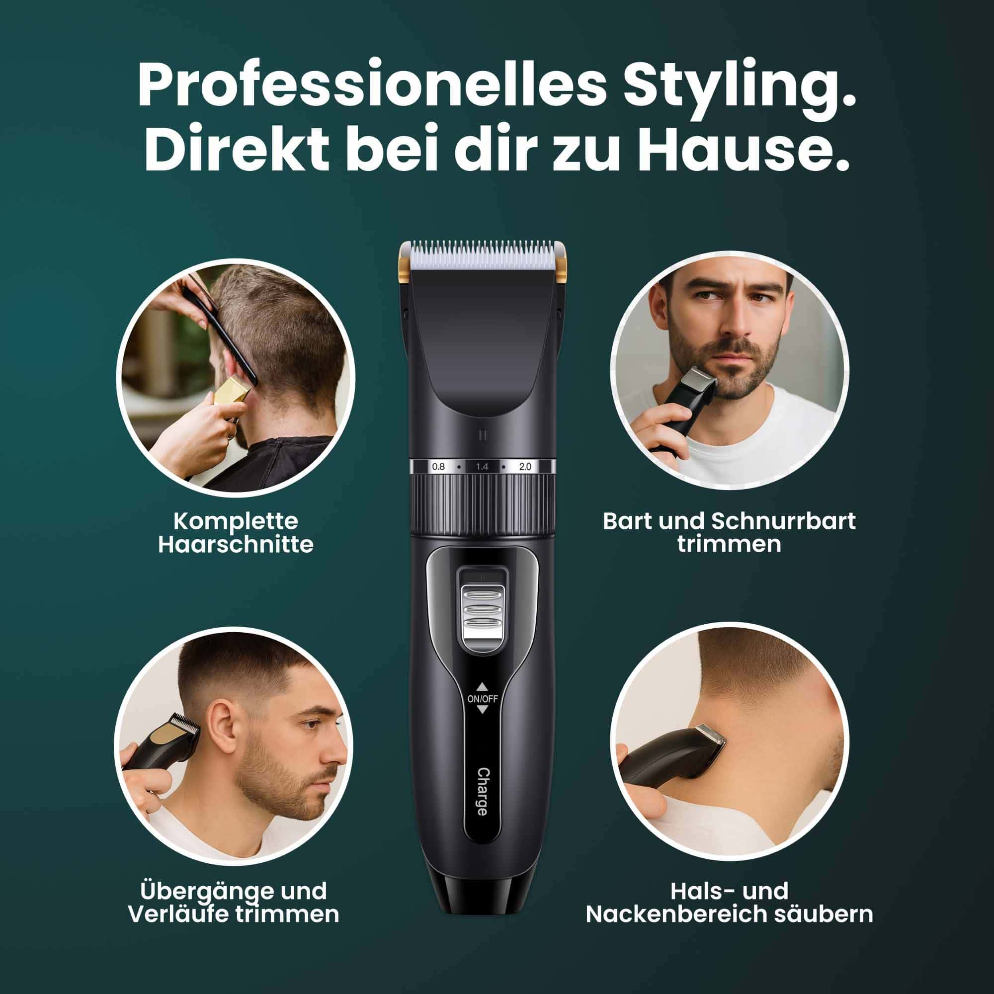 Haarschneidemaschine mit Barttrimmer: 60 min. Akkulaufzeit, inkl. 4 Aufsätze und selbstschärfende Titan-Klinge