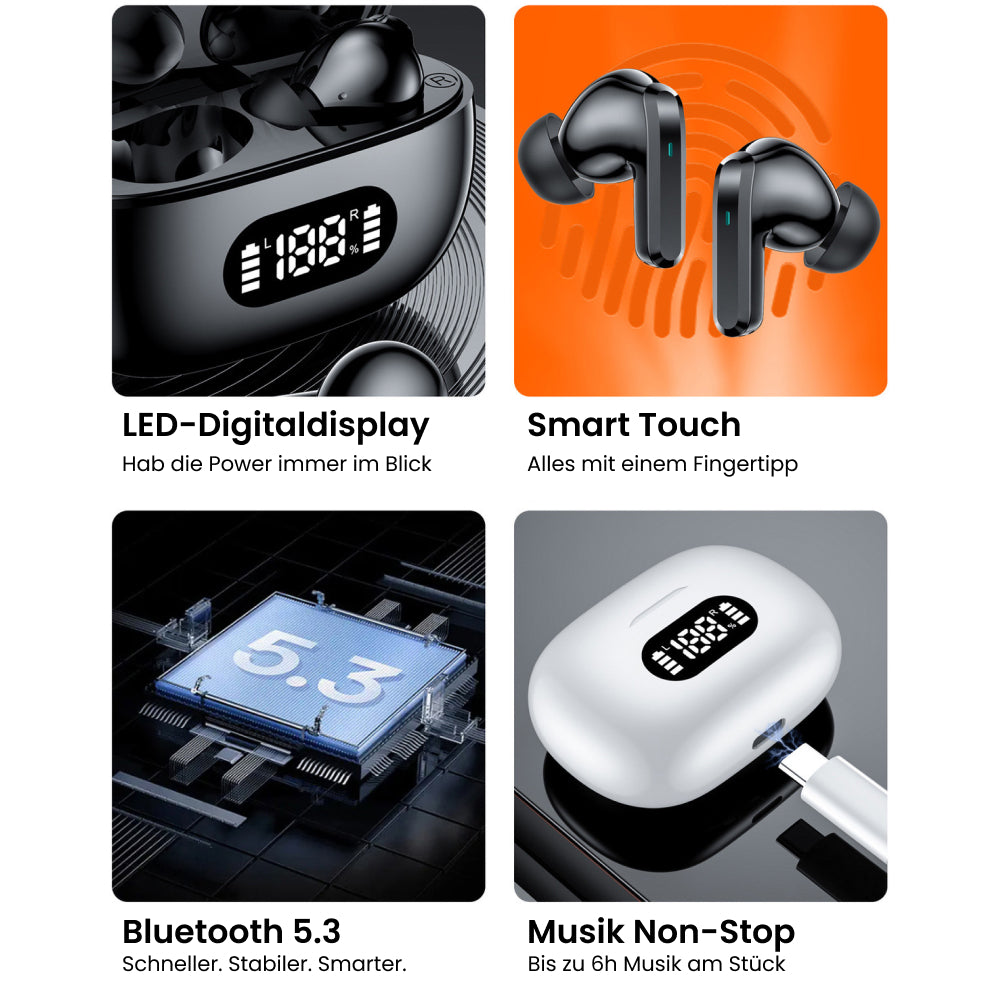 True Wireless In-Ear Kopfhörer / Bluetooth 5.3 / 55h Akkulaufzeit / IPX5 wasserfest / LED-Display / Für Sport, Gaming & Alltag