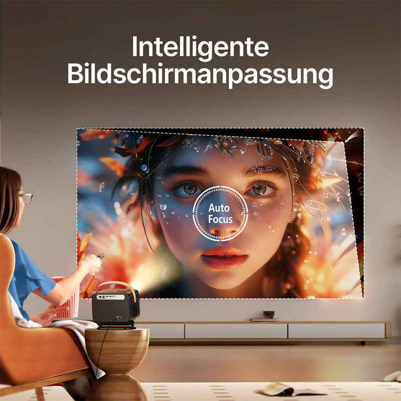 Beamer mit Autofokus und WiFi 6 / 4K 1080P Auflösung / für Outdoor und Indoor / Dolby 360-Grad-Sound / abnehmbarer Ständer