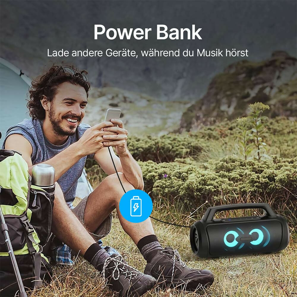 Bluetooth Lautsprecher Pro mit spürbaren Bass / 60W Stereo-Sound / Wasserdicht / Outdoor mit LED-Licht / Bluetooth 5.3 / Für Outdoor Party