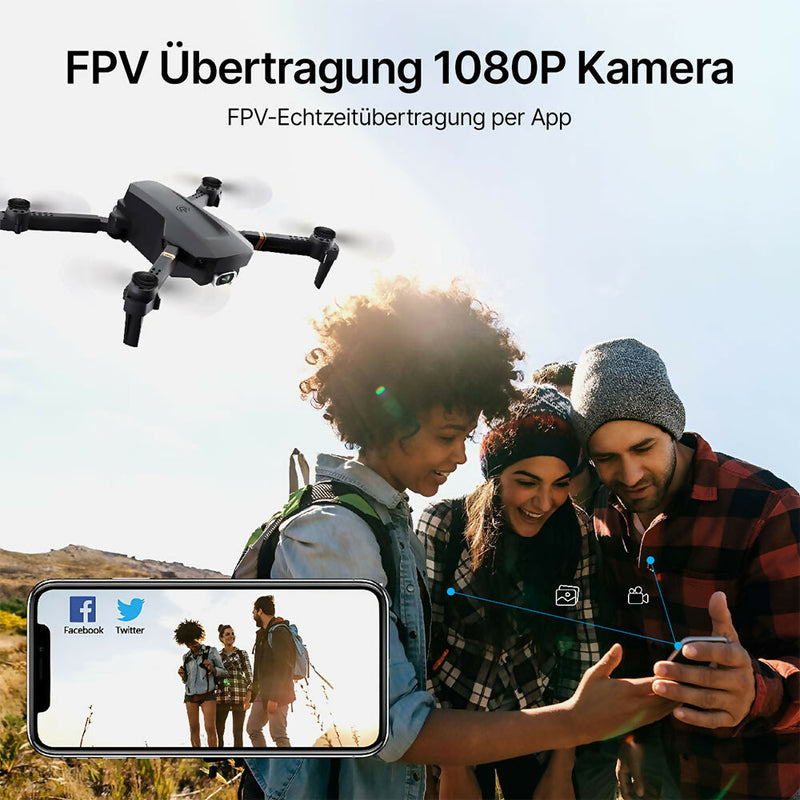 Kompakte Drohne mit WiFi Kamera 1080P HD / RC Quadrocopter mit 2 Akkus / FPV Übertragung / One Key Start/Landen / Headless Modus / Inkl. Premium Tragetasche