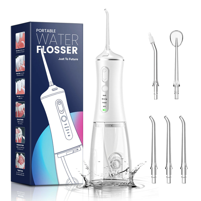 Kabellose Munddusche mit vielseitigen Reinigungsmodi / 5 Düsen / 300ML Wassertank / USB-C / Wiederaufladbare Oral Irrigator (weiß)