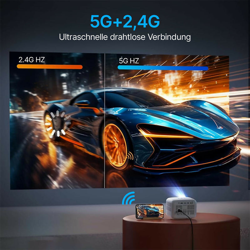 Elektrischer Fokus Mini Beamer / 4K Unterstützung / 12000 Lumen / Full HD 1080P / 5G WiFi & Bluetooth / LED Projektor / Kompatibel mit Streaming-Sticks, iOS, Android, PS5