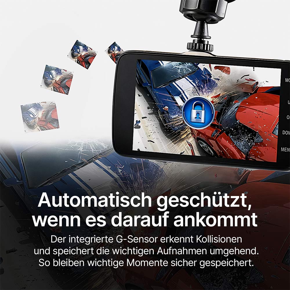 Dashcam mit Front- & Rückkamera, 1080p Full HD, Nachtsicht, 24h Parküberwachung & G-Sensor für sicheres Fahren