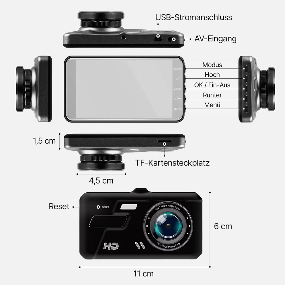 Dashcam mit Front- & Rückkamera, 1080p Full HD, Nachtsicht, 24h Parküberwachung & G-Sensor für sicheres Fahren
