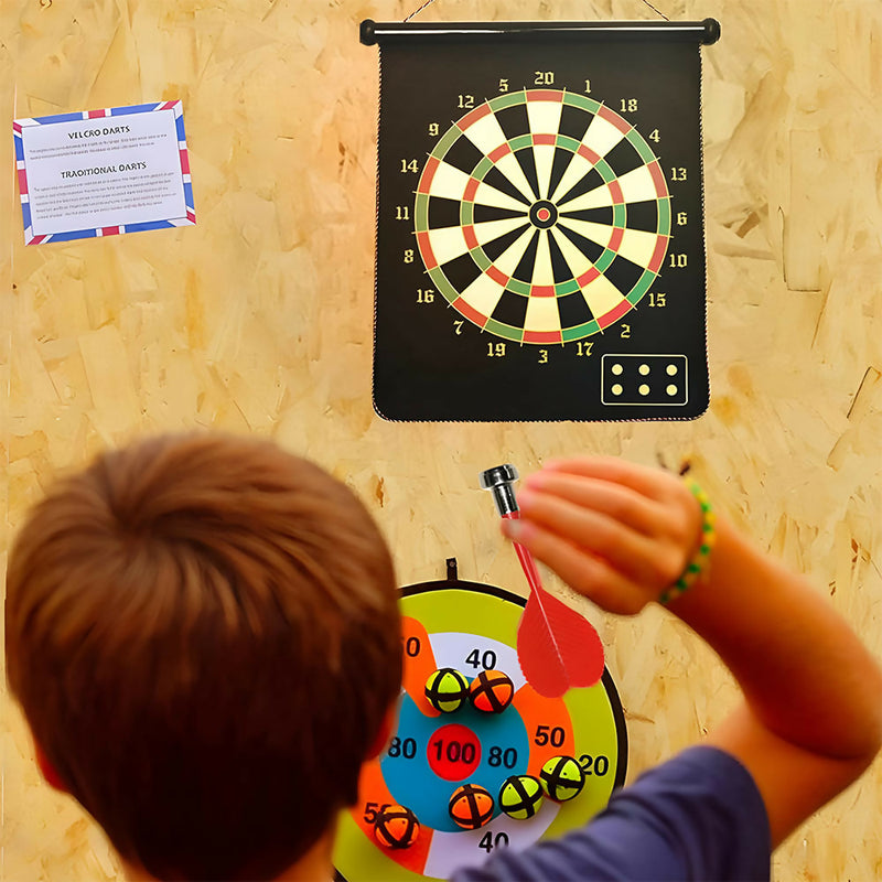 Magnetische Dartscheibe mit Rollfunktion / Sicher für Kinder und Erwachsene / Doppelseitiges Spiel / Inklusive 12 Darts