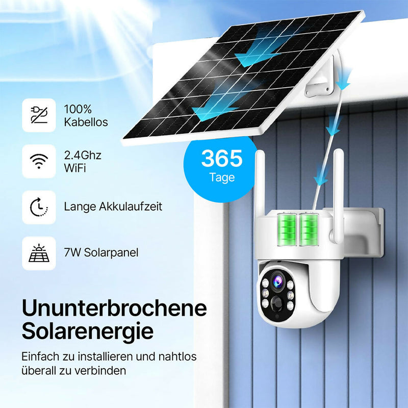 Solar 360° Überwachungskamera mit 2.5K Auflösung / Nachtsicht in Farbe / PIR Bewegungssensor / Zwei-Wege Audio / IP66 Wasserdicht