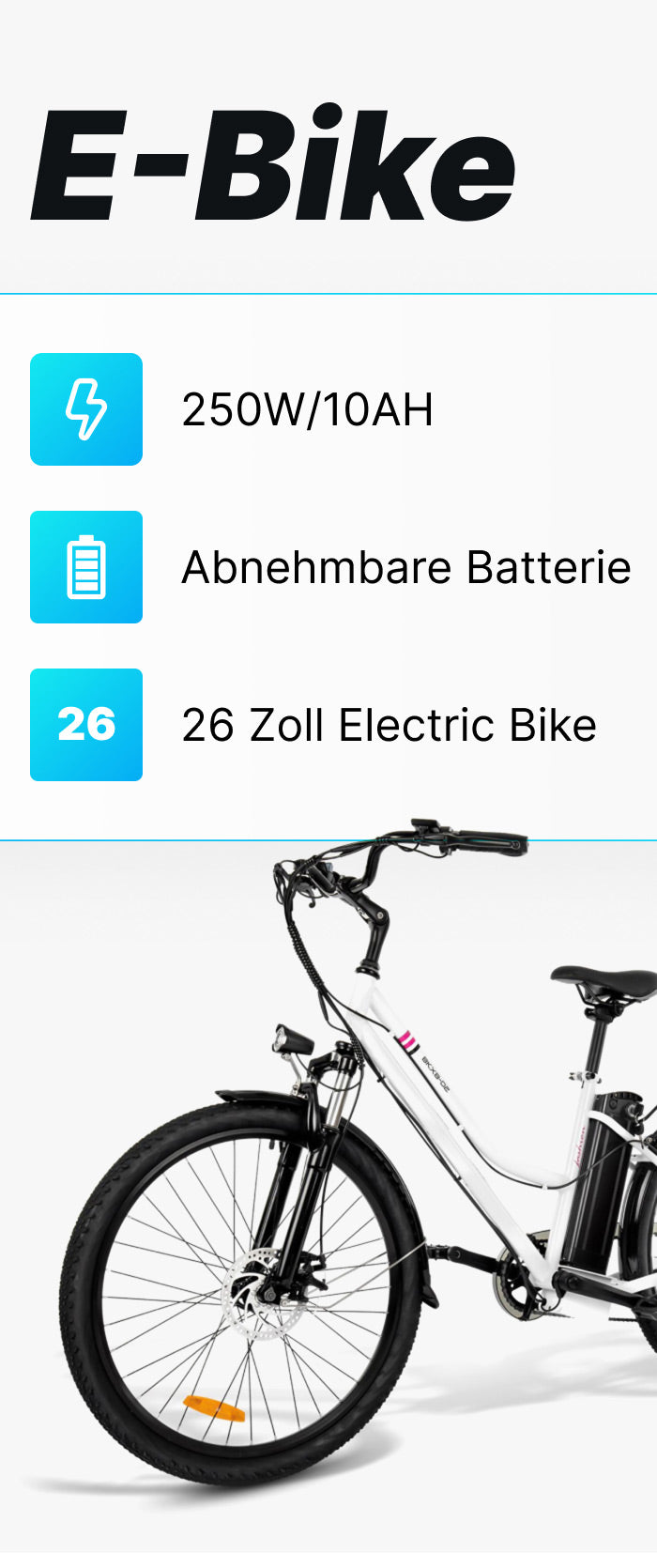 E-Bike für Damen / 26 Zoll / 7 Gänge / 250 W Heckmotor / 10.4AH Lithiu