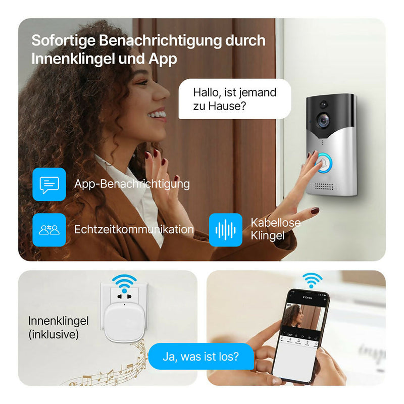 Türklingel mit 4MP Kamera / Nachtsicht / PIR Bewegungssensor / Zwei-Wege-Audio / Akkubetrieben / 2,4-GHz-WLAN / Video-Türsprechanlage