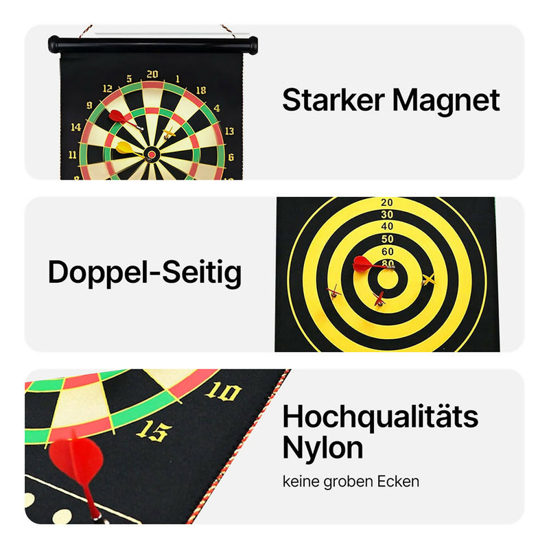 Magnetische Dartscheibe mit Rollfunktion / Sicher für Kinder und Erwachsene / Doppelseitiges Spiel / Inklusive 12 Darts