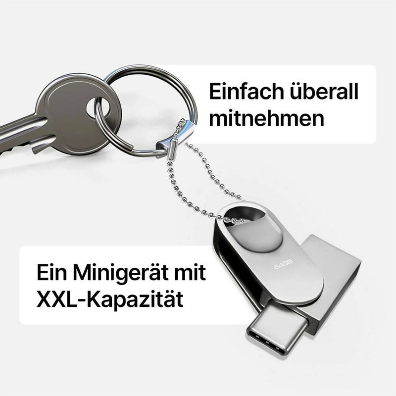 USB Stick 64GB / USB C & USB 2.0 / 2-in-1 OTG Speicherstick / Mini Metall Memory Stick / Schlüsselanhänger / Silber
