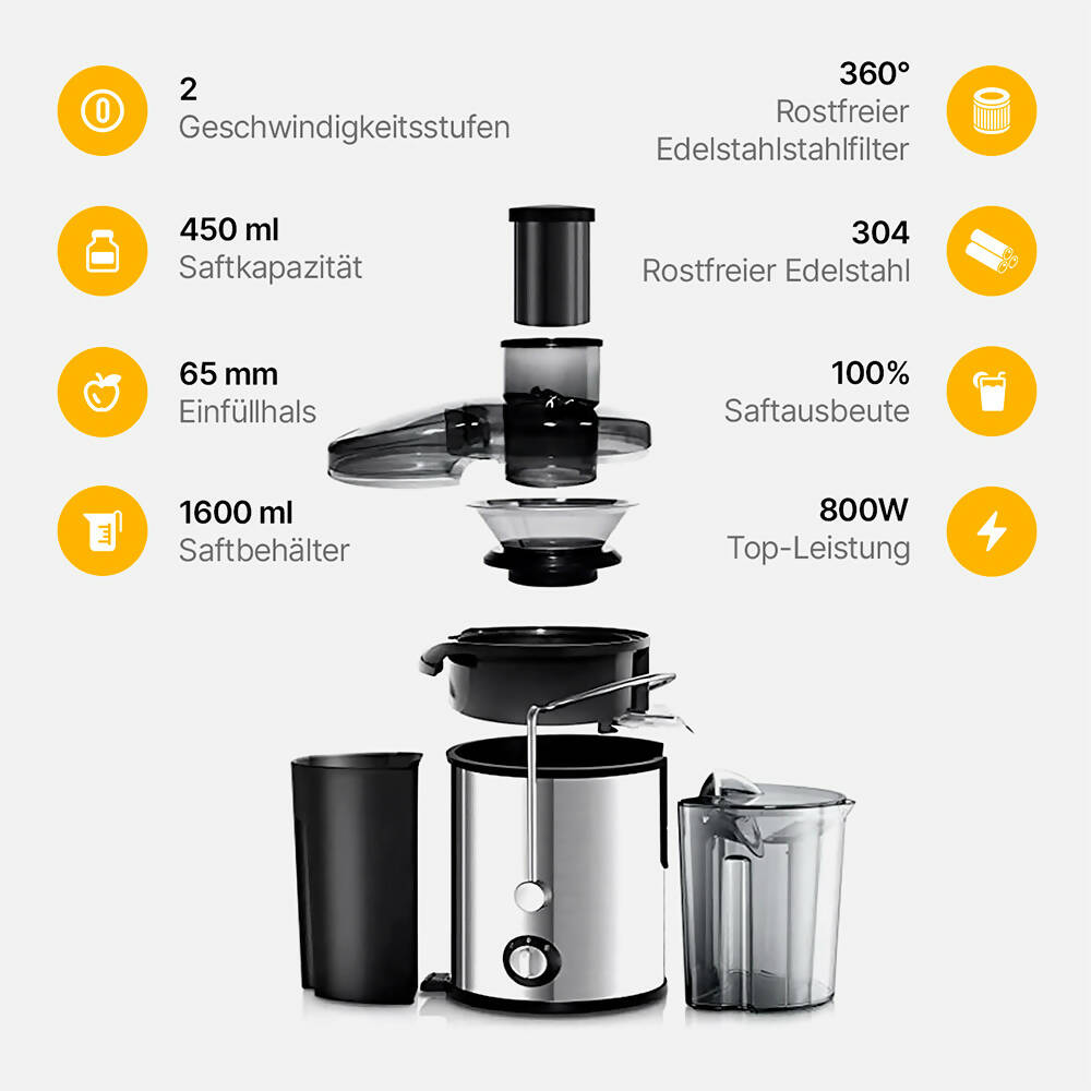 Entsafter mit optimierter Saftausbeute / 65mm Einfüllhals / 2 Geschwindigkeitsstufen / 450ml Saftkapazität & 1600ml Tresterbehälter / Leistungsstarker Motor & Edelstahl-Filter / Leicht zu reinigen