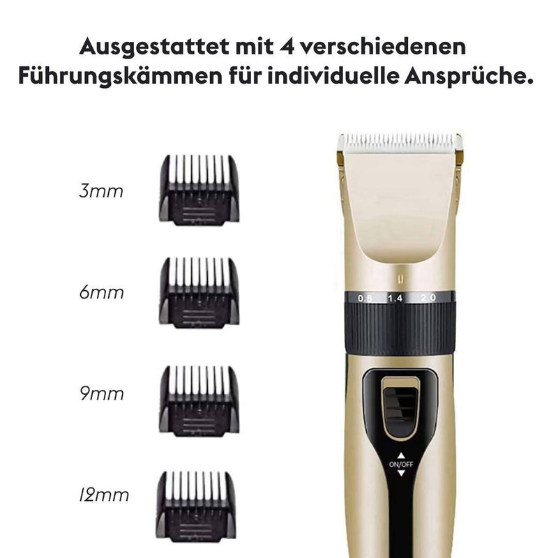 Elektrischer Haarschneider für Männer / Wiederaufladbar / Akku-Bartrasierer / Goldfarben / 4 verschiedene Aufsätze / Selbstschärfende Titan-Klinge