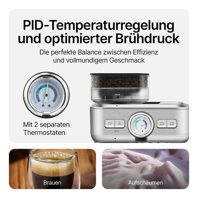 Siebträgermaschine / Integriertes Mahlwerk / PID-Temperaturregler / 2L Wassertank / Schnelles Vorheizen / Mikroschaummilch / Auch für Latte Art / Naturbelassenes Aroma
