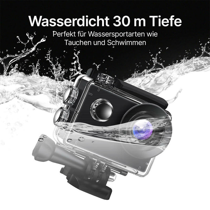 4K Action-Kam mit 30MP & WiFi / 30m Unterwasserkamera mit Ultra HD Touchscreen & einstellbarem Weitwinkel / Wasserdichte Action Cam mit 2.4G Fernbedienung und 25 Zubehör Kit
