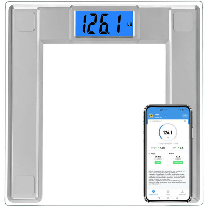 Digitale Personenwaage / Bis Maximalgewicht von 250kg / Misst Gewicht und BMI / Verbindung über App zum Smartphone / extra breite Standfläche / 8mm stabiles Hartglas