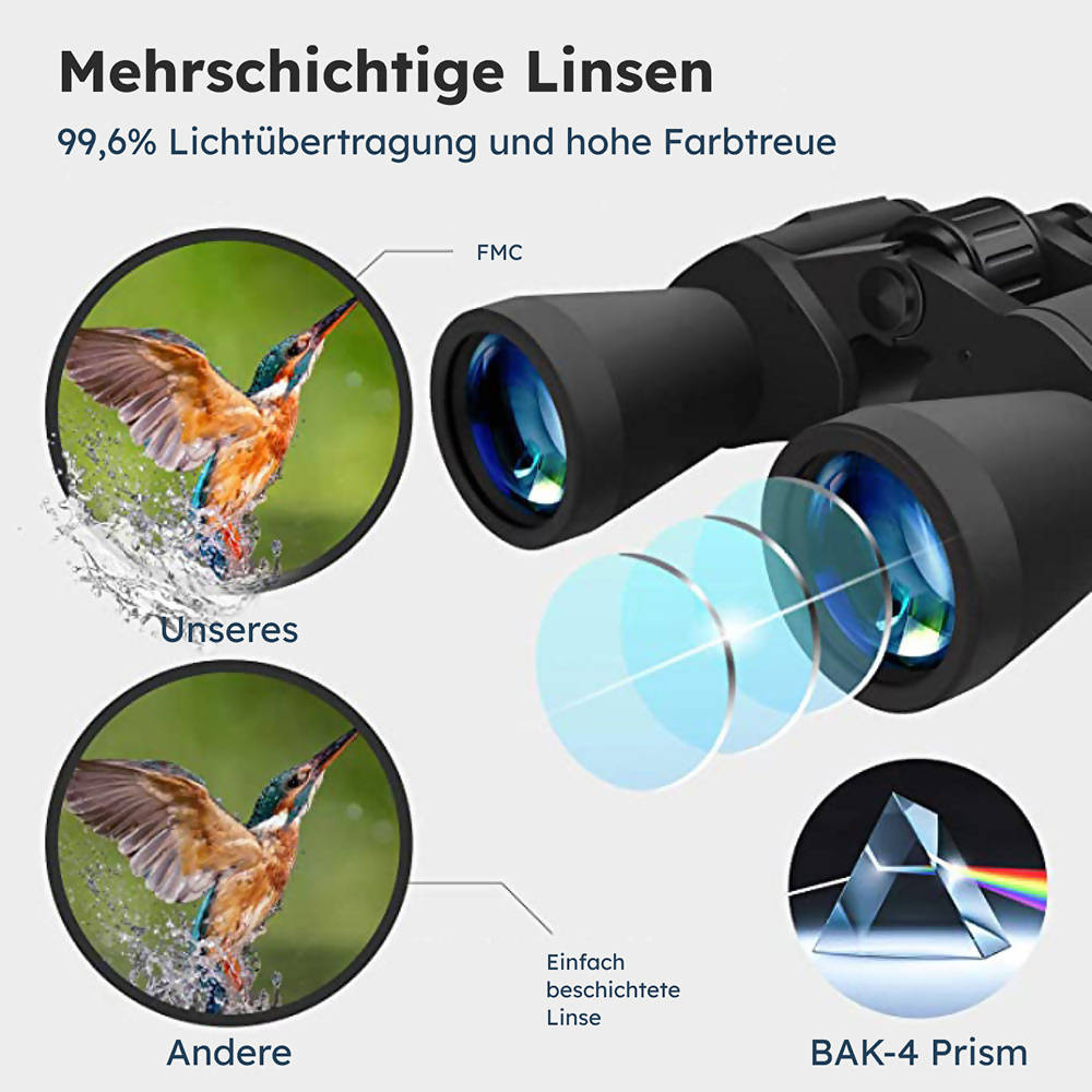 10x50 Fernglas / Großes Sichtfeld / 10-fache Vergrößerung / Wasserdicht / Leicht und kompakt / FMC-Linse / Dioptrienkorrektur / Stoß- und rutschfest / Minimale Verzerrung