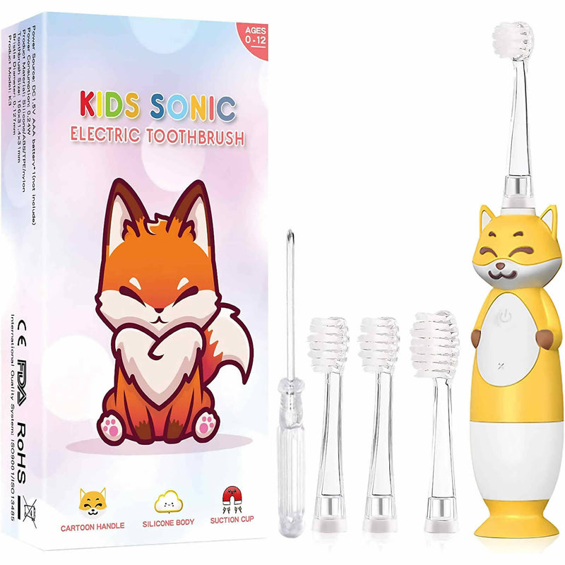 Elektrische Kinderzahnbürste für Kinder 1 bis 12 Jahren / Zahnbürste mit gelbem Fuchs Design und LED Licht / 4 weiche Aufsteckbürsten inklusive