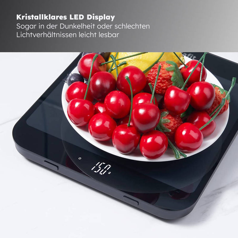 Digitale Küchenwaage / Multifunktions-Lebensmittelwaage / Digitalwaage mit LED-Display / Gehärtetes Glas / Von 3 g bis 15 kg / Jumbo-Wiegefläche