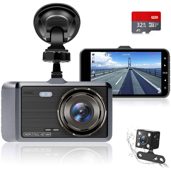 Dashcam, Autokamera mit 32 GB SD-Karte, 4 Zoll Full HD Bildschirm, Parküberwachung, Bewegungserkennung, Nachtsicht, G-Sensor