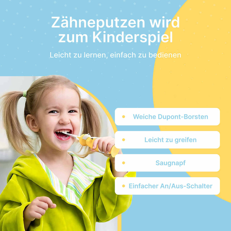 Elektrische Kinderzahnbürste für Kinder 1 bis 12 Jahren / Zahnbürste mit gelbem Fuchs Design und LED Licht / 4 weiche Aufsteckbürsten inklusive