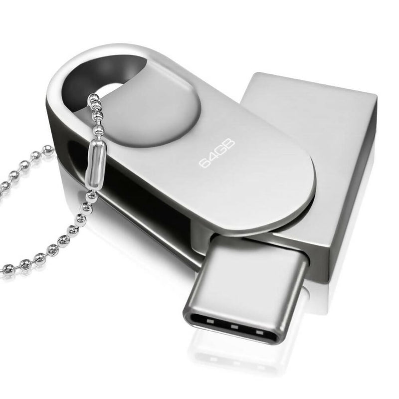 USB Stick 64GB / USB C & USB 2.0 / 2-in-1 OTG Speicherstick / Mini Metall Memory Stick / Schlüsselanhänger / Silber