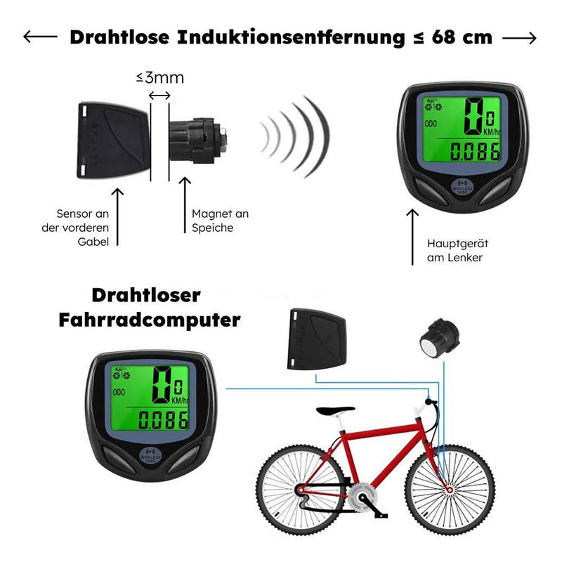 Fahrradtacho / Wasserdicht / Kabellos / Mit 16 Funktionen / LCD-Display / Kilometerzähler / Hintergrundbeleuchtung / Lange Akkulaufzeit