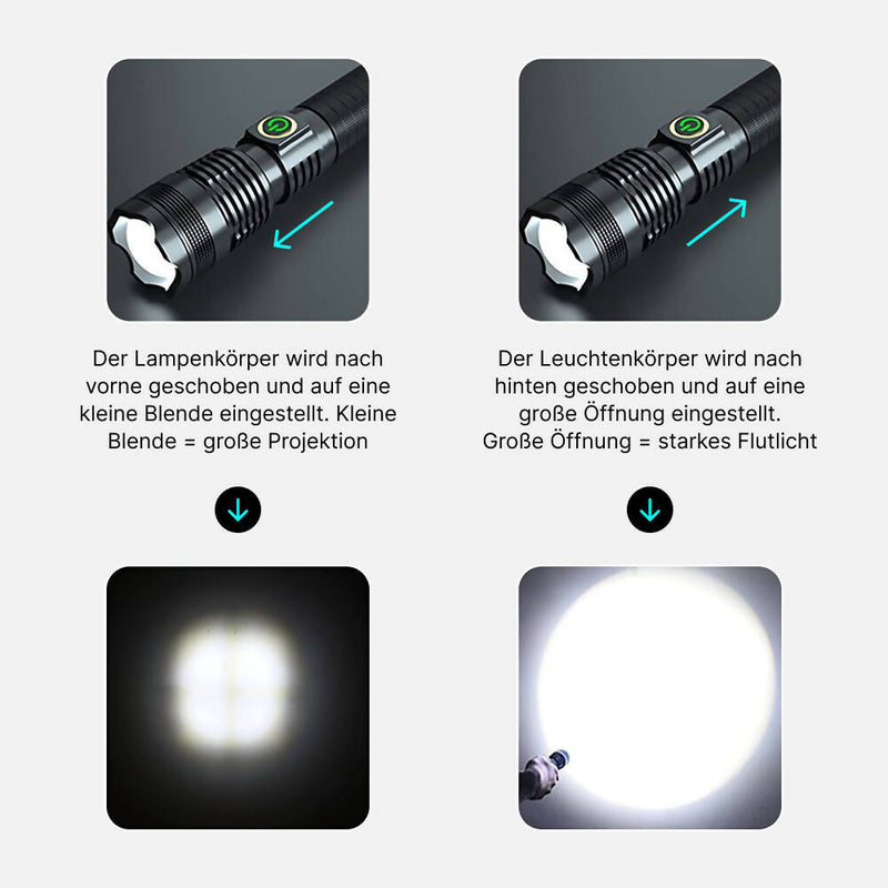 LED-Taschenlampe mit Aluminiumlegierung / Extrem helle Taschenlampe mit 5 Modi für Camping, Wandern, Notfälle / Wiederaufladbar, wasserdicht & mit Zoom
