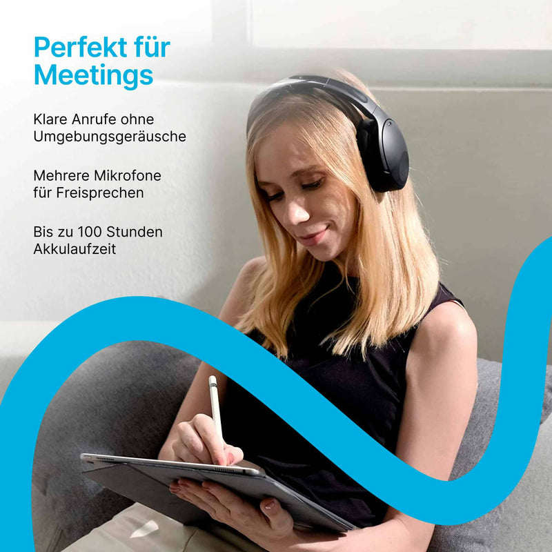 Noise-Cancelling-Kopfhörer mit 100 Stunden Hörzeit / Kabelloses Over-Ear Headset mit Premium-Sound & Bluetooth / Schnelles Aufladen, Kopfhörer für Zuhause und das Büro