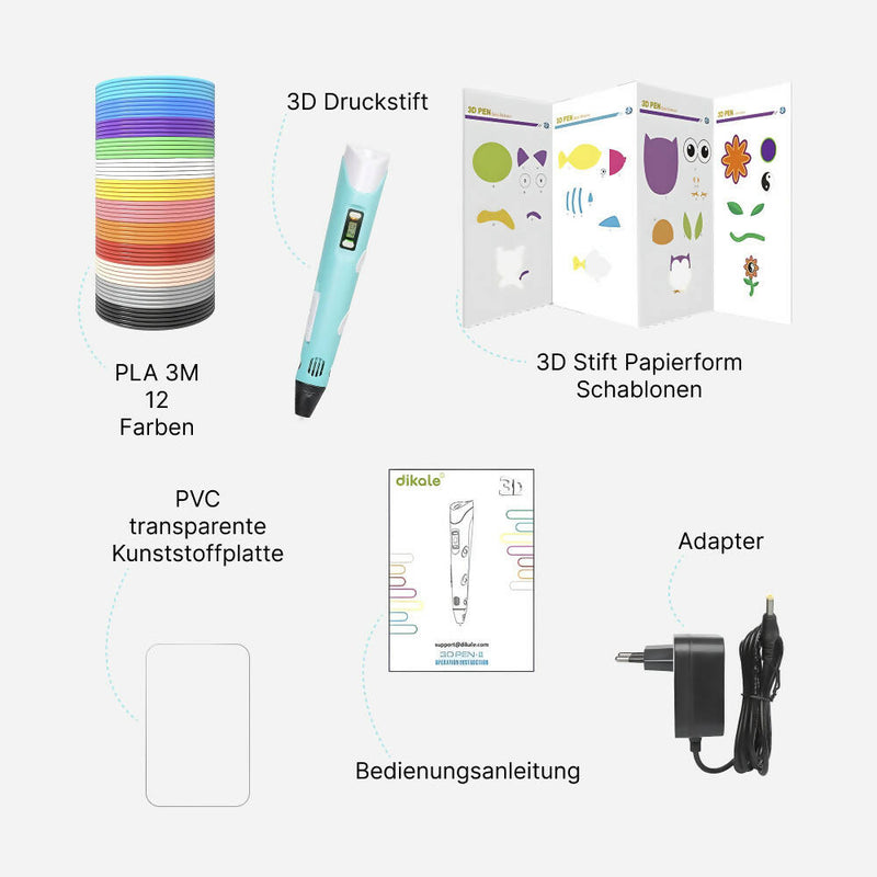 Premium 3D Stift mit 12 Farben für Kinder und Erwachsene / 3D Stifte Set inkl. Schablonen und DIY Bastelset / Geeignet für Anfänger und Profis / 3D Drucker Stift mit 1.75mm PLA Filament