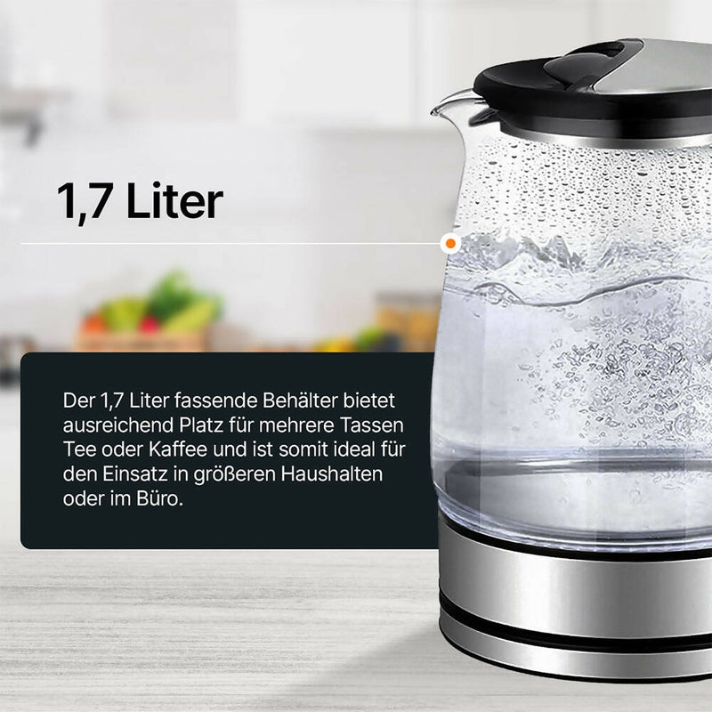 Wasserkocher aus Glas mit 1.7 Liter / 2200 Watt Kocher mit LED Innenbeleuchtung / Geräuschlos & einfache Bedienung