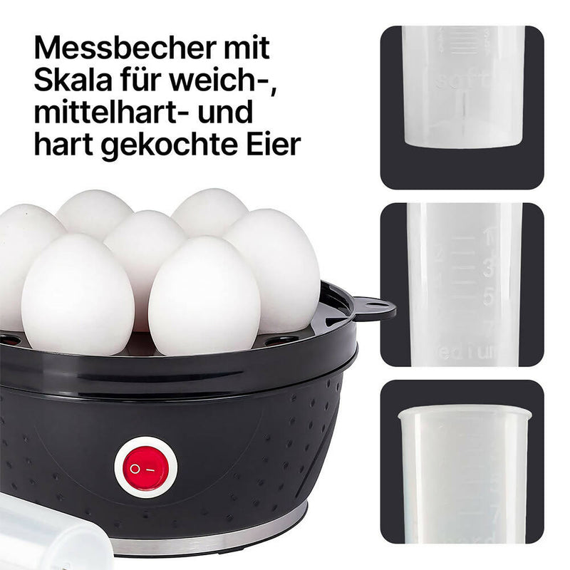 Eierkocher aus Edelstahl für 1-7 Eier / Eierkocher mit einstellbarem Härtegrad & Überhitzungsschutz / Tonsignal, Kontrolleuchte, Messbecher mit Stechhilfe