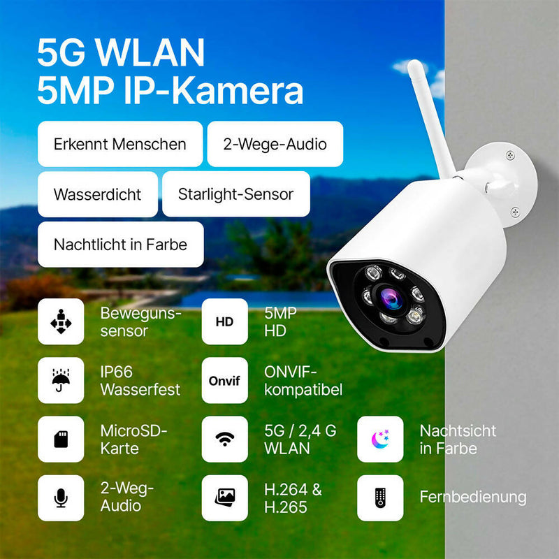 Überwachungskamera Außen / 5MP hochauflösend / Nachtsicht in Farbe / Personenerkennung / Akustische Alarme / 2-Wege-Audio / Flexible Speicheroptionen / App-Zugriff / 5G & 2,4G Dual WLAN