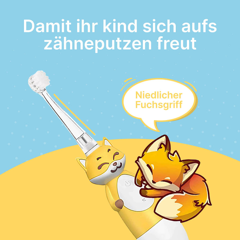 Elektrische Kinderzahnbürste für Kinder 1 bis 12 Jahren / Zahnbürste mit gelbem Fuchs Design und LED Licht / 4 weiche Aufsteckbürsten inklusive