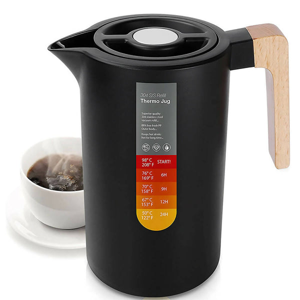 Stylische Thermoskanne aus hochwertigem Edelstahl / Isolierkanne, Kaffekanne mit edlem Holzgriff / 12h heiß, 24h kalt, schwarz